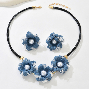 Retro denim ogrlica s cvijetom i perlama – set, elegantni lančić za dekolte