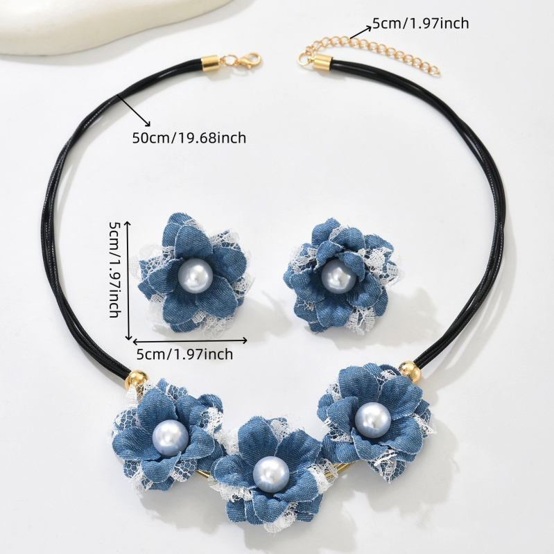 Retro denim ogrlica s cvijetom i perlama – set, elegantni lančić za dekolte