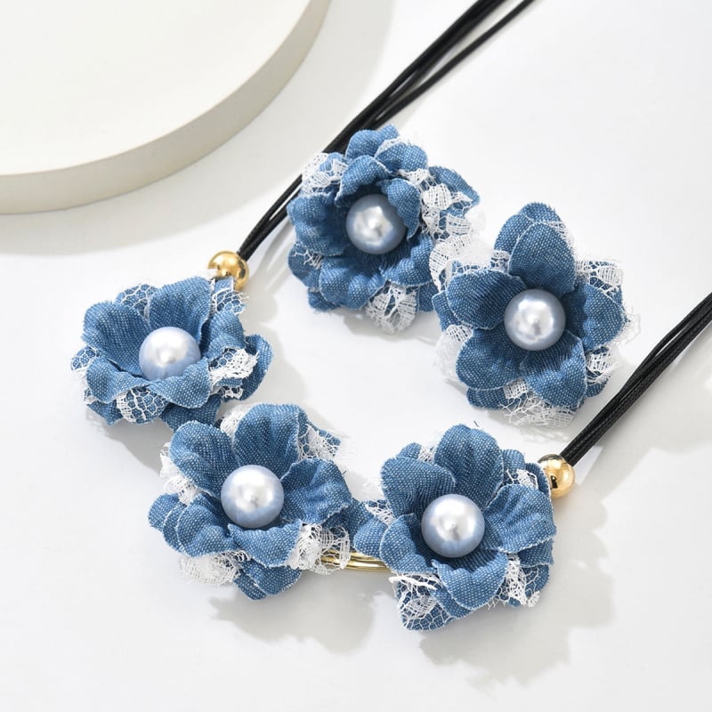 Retro denim ogrlica s cvijetom i perlama – set, elegantni lančić za dekolte