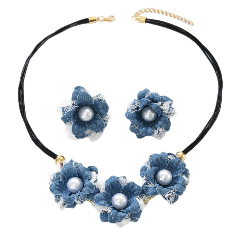 Retro denim ogrlica s cvijetom i perlama – set, elegantni lančić za dekolte