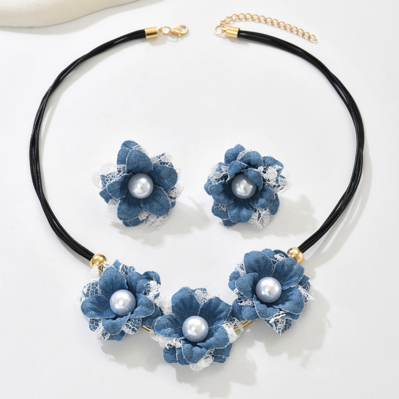 Retro denim ogrlica s cvijetom i perlama – set, elegantni lančić za dekolte