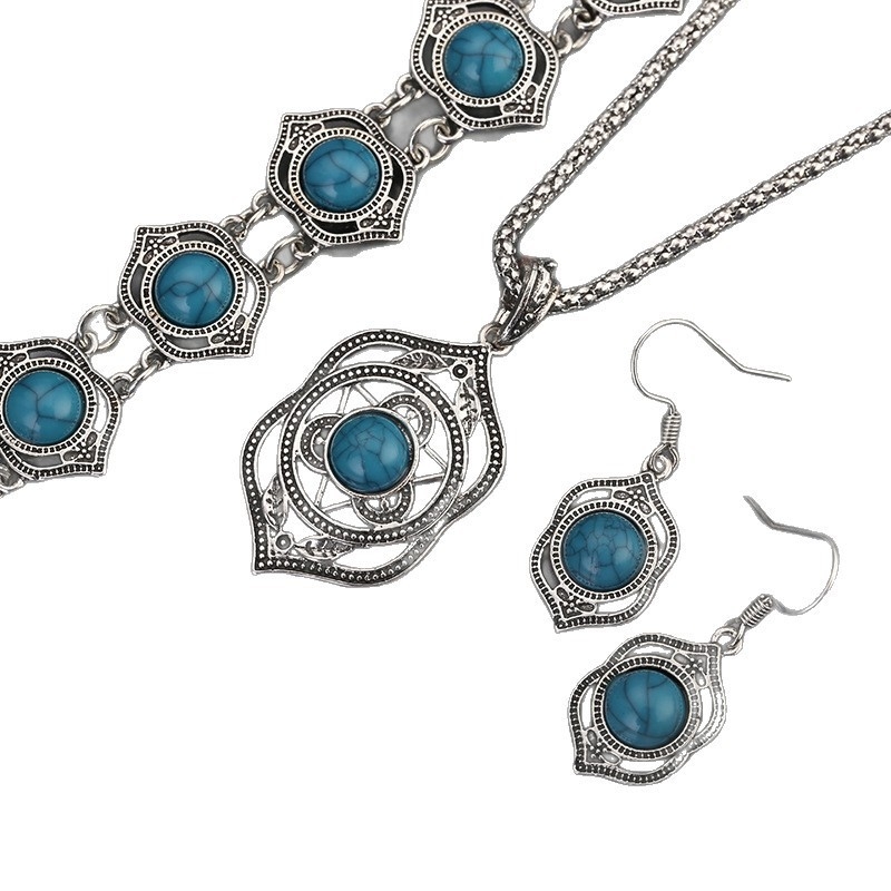 Tirkizni etno vintage set nakita: ogrlica, naušnice, narukvica