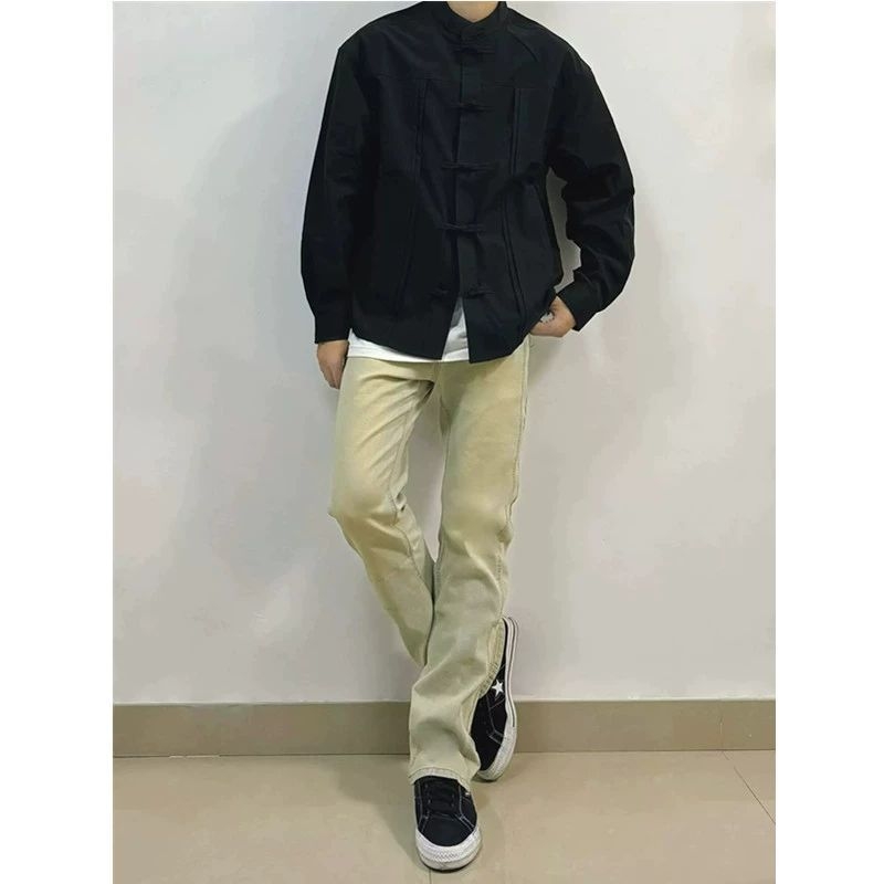 Férfi Tang-stílusú ing mandarin gallérral, hosszú ujjú, egyszínű, tavaszi, elegáns dizájn