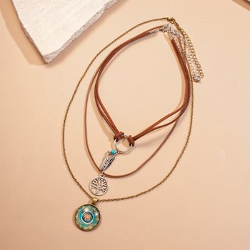 Set od tri boho ogrlice s privjeskom od smole u obliku kruga s izrezanim listom, retro elegantan dodatak za žene