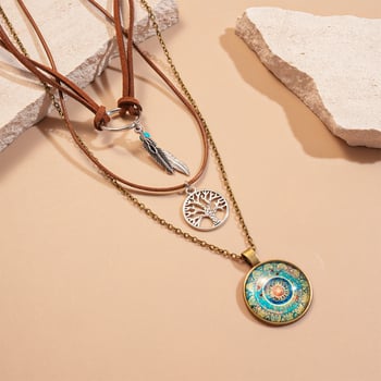 Set od tri boho ogrlice s privjeskom od smole u obliku kruga s izrezanim listom, retro elegantan dodatak za žene