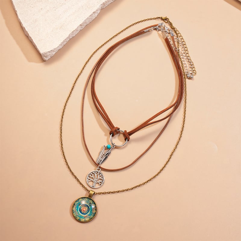 Set od tri boho ogrlice s privjeskom od smole u obliku kruga s izrezanim listom, retro elegantan dodatak za žene