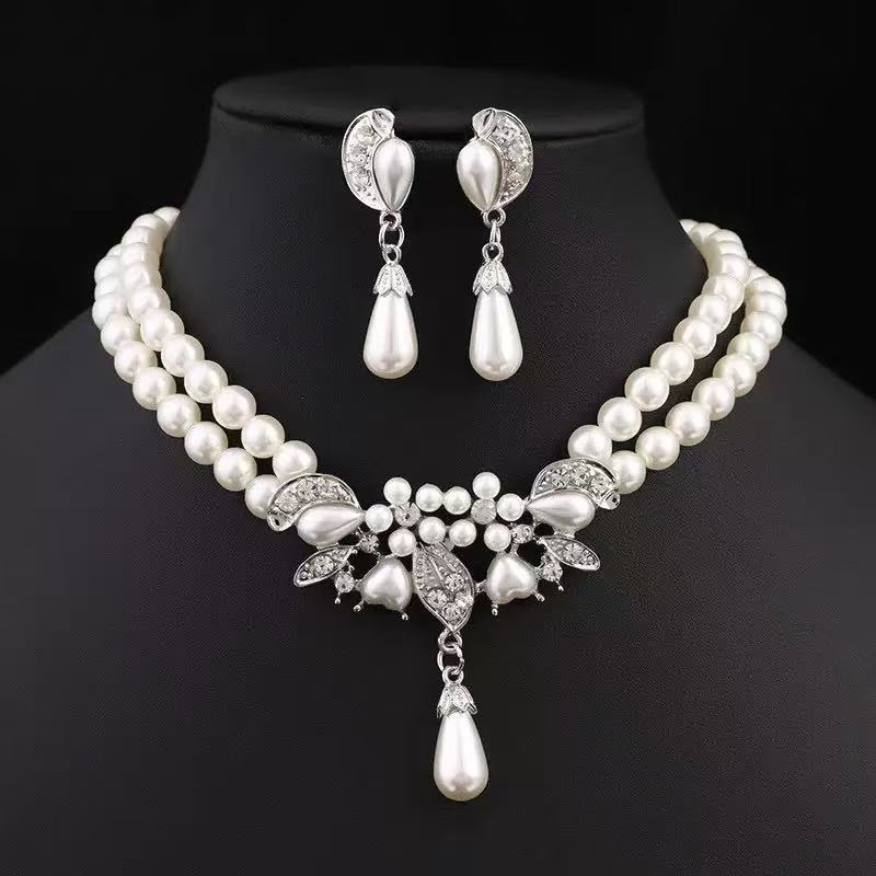 Set nakita za nevjestu: biserno ogrlica i naušnice, europsko-američki stil, korejski stil vjenčane haljine, s rhinestones