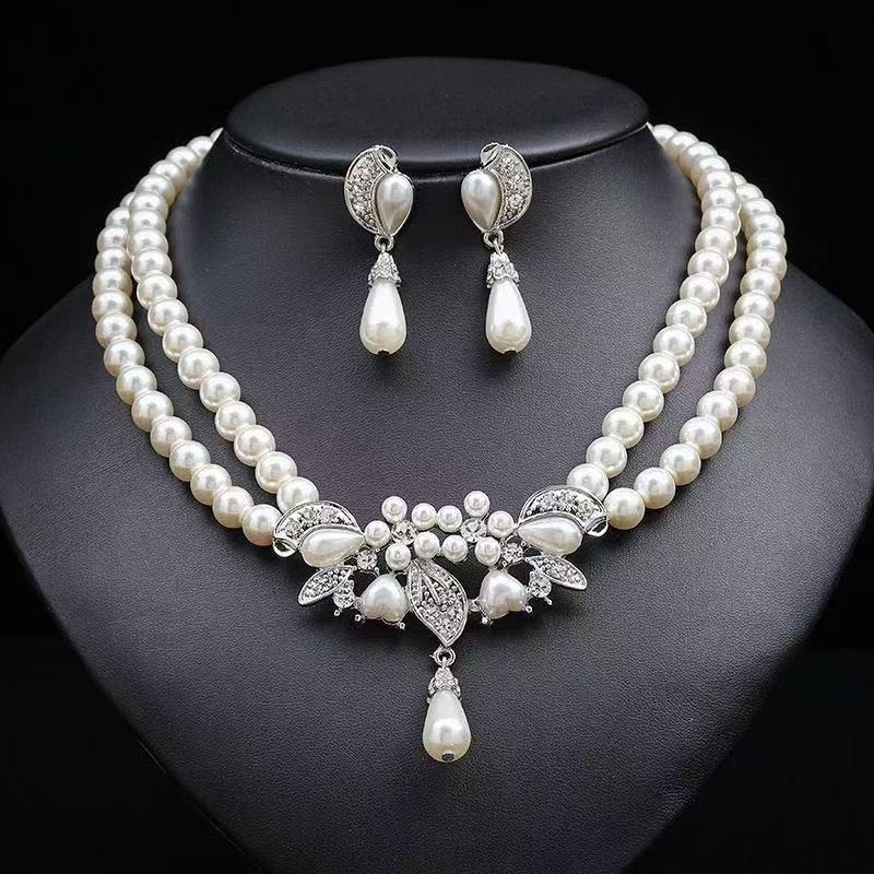Set nakita za nevjestu: biserno ogrlica i naušnice, europsko-američki stil, korejski stil vjenčane haljine, s rhinestones