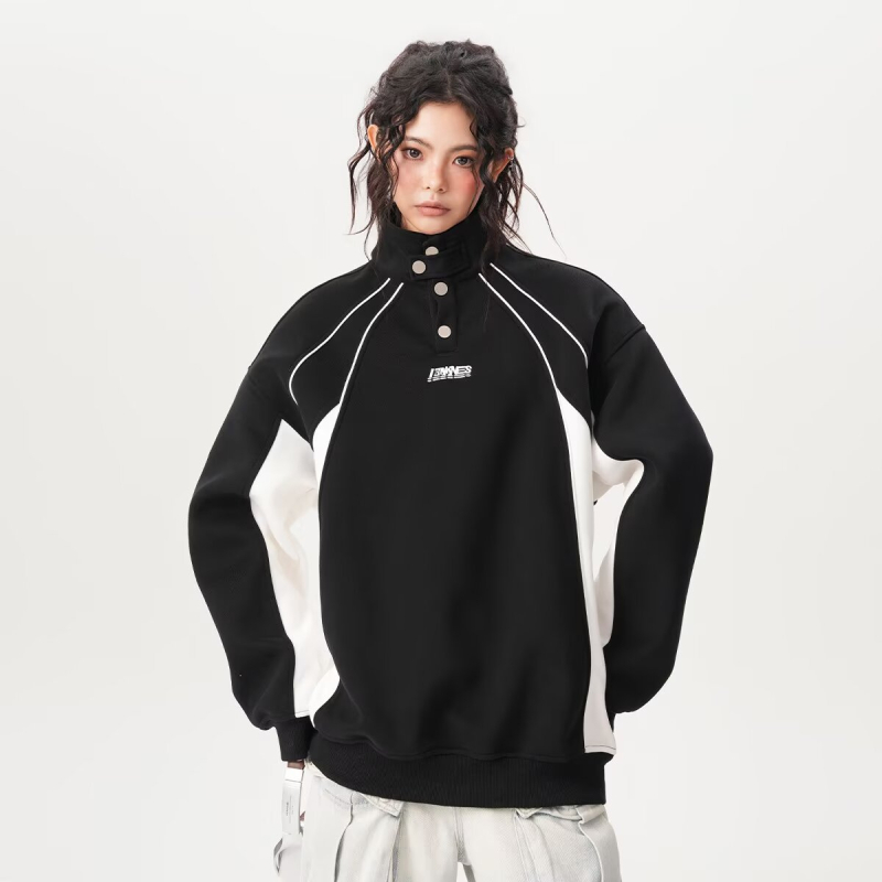 Férfi színblokkolt pulóver álló gallérral és gombokkal, poliészter, retro amerikai stílus, laza szabás