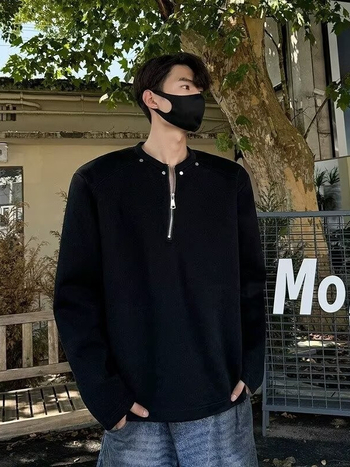Cleanfit fekete fél-zipos férfi pulóver, tavasz–ősz, prémium streetwear vállpárnázott