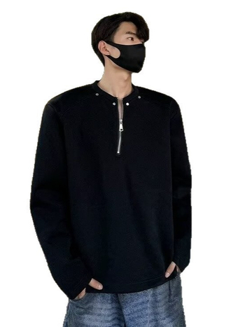 Cleanfit fekete fél-zipos férfi pulóver, tavasz–ősz, prémium streetwear vállpárnázott