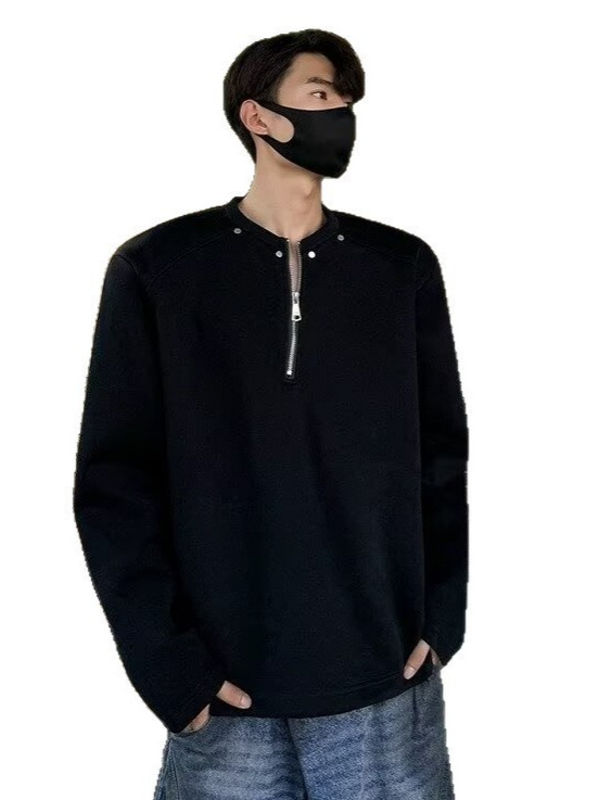 Cleanfit fekete fél-zipos férfi pulóver, tavasz–ősz, prémium streetwear vállpárnázott