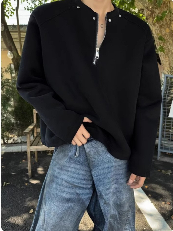 Cleanfit fekete fél-zipos férfi pulóver, tavasz–ősz, prémium streetwear vállpárnázott