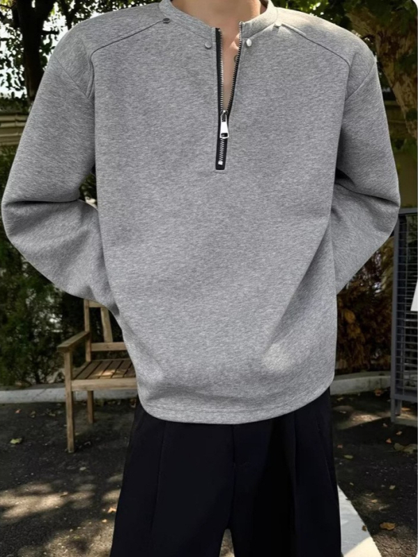 Cleanfit fekete fél-zipos férfi pulóver, tavasz–ősz, prémium streetwear vállpárnázott