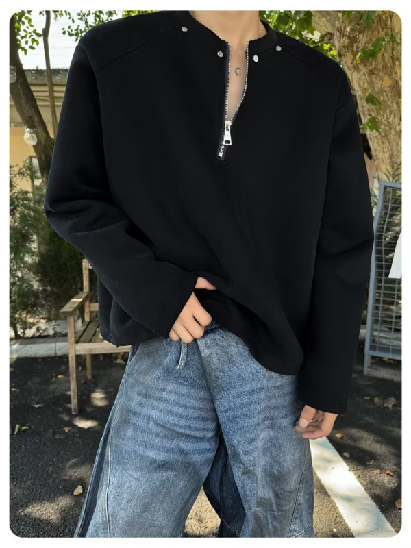 Cleanfit fekete fél-zipos férfi pulóver, tavasz–ősz, prémium streetwear vállpárnázott