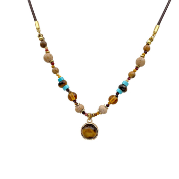 Ogrlica za žene s Tiger Eye perlama, bakrena kožna užad, privjesak od smole, Maillard stil, duljina 41–50 cm