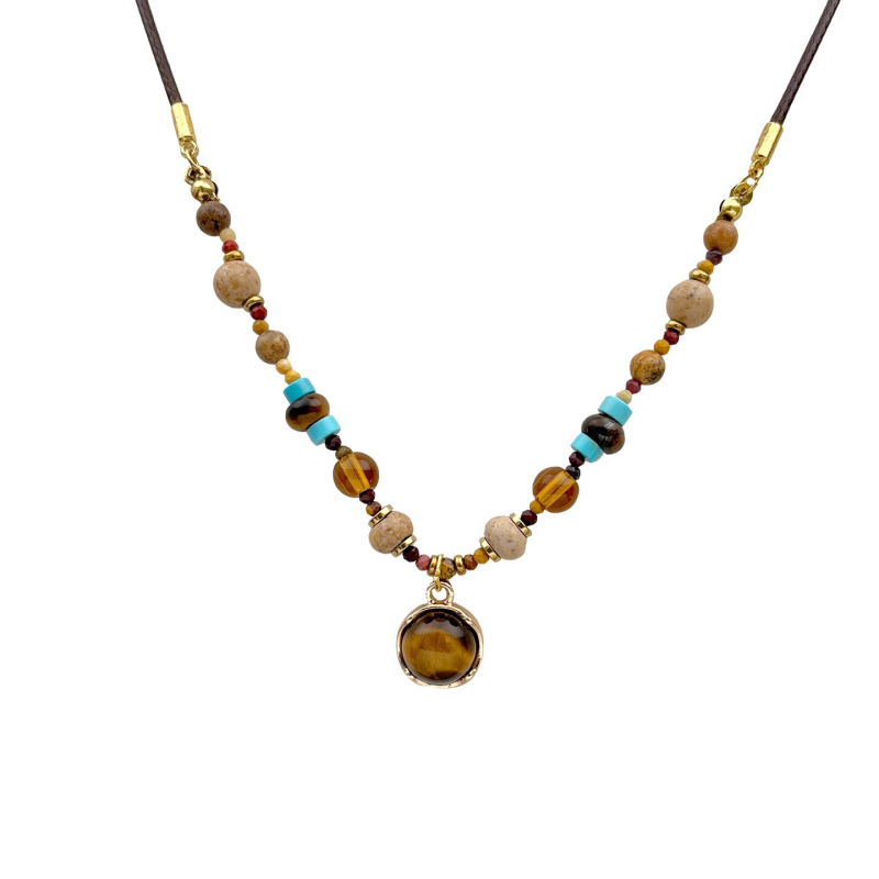 Ogrlica za žene s Tiger Eye perlama, bakrena kožna užad, privjesak od smole, Maillard stil, duljina 41–50 cm
