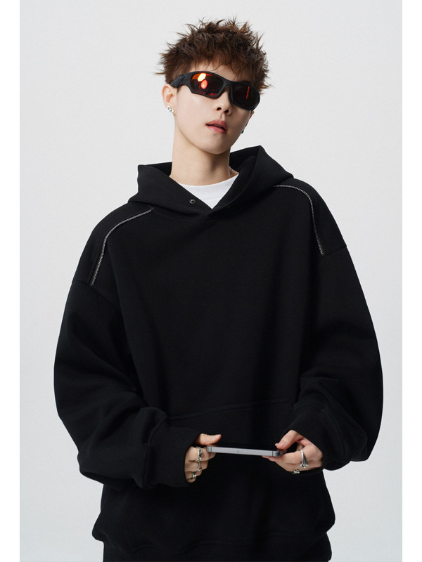 Amerikai stílusú nehéz zip Hoodie férfiaknak, dekonstrukciós dizájn, kapucnival, boxy rövid fazon