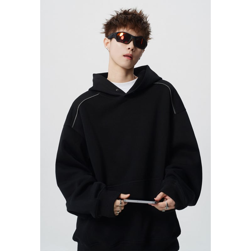 Amerikai stílusú nehéz zip Hoodie férfiaknak, dekonstrukciós dizájn, kapucnival, boxy rövid fazon