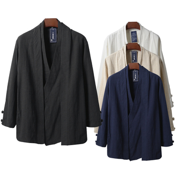 Férfiaknak kínai stílusú Hanfu inspirált pamut-len dzseki, laza fazon