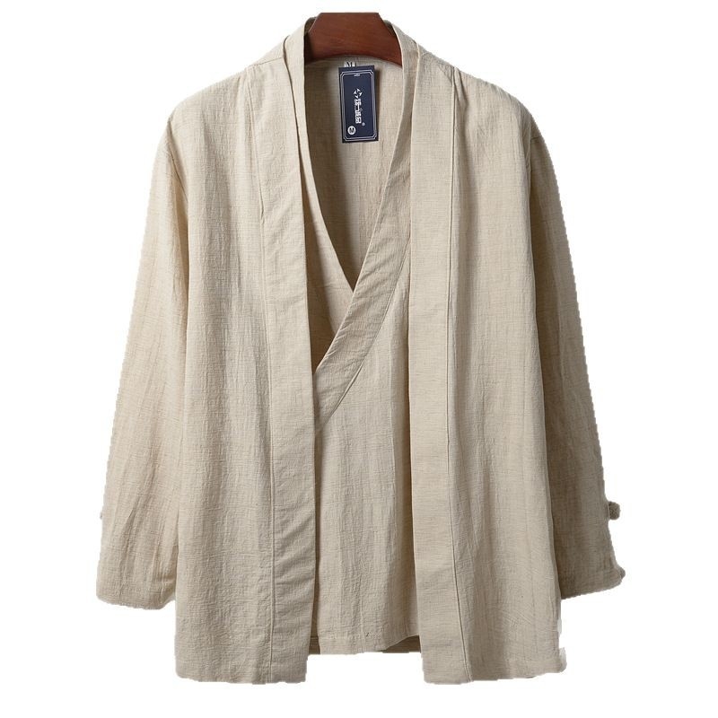 Férfiaknak kínai stílusú Hanfu inspirált pamut-len dzseki, laza fazon