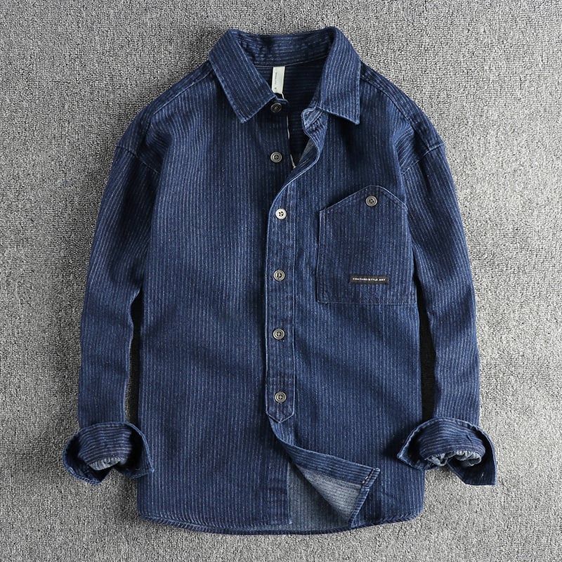 Muška košulja s američkim retro prugama, radna denim košulja, ležerni stil, proljeće–jesen 2025