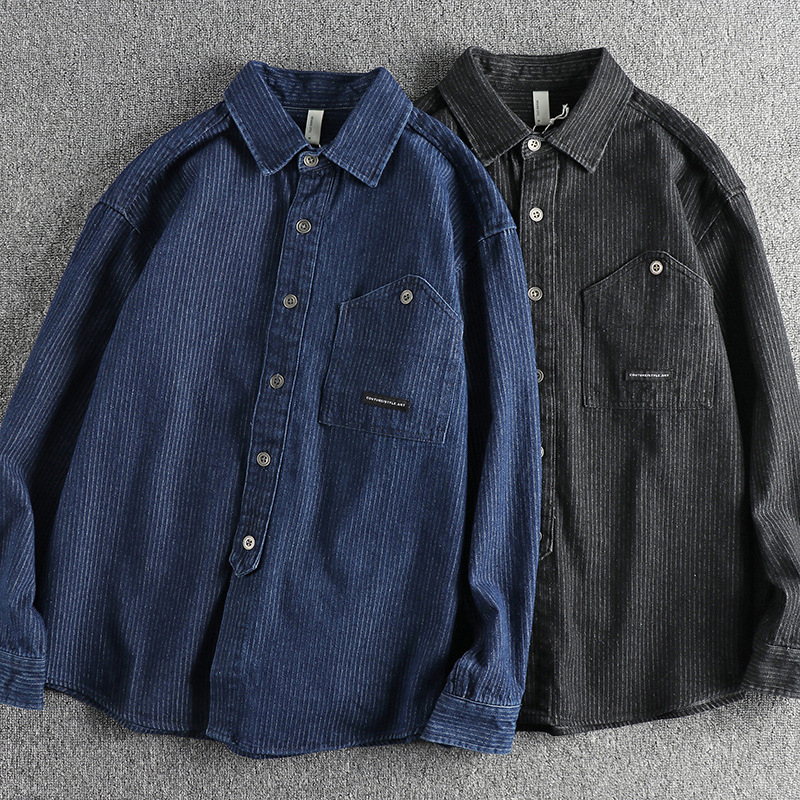 Muška košulja s američkim retro prugama, radna denim košulja, ležerni stil, proljeće–jesen 2025