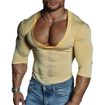 2026 Muški dugi rukavi jednobojna sportska T-shirt s velikim izrezom, slim fit