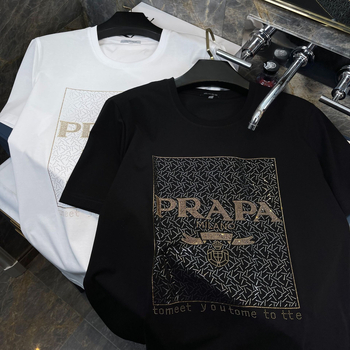 Europski inspiriran muški ljetni T‑shirt s natpisima i kristalima, pamuk–ice silk miješavina, slim fit, okrugli izrez, kratki rukavi, osnovni komad
