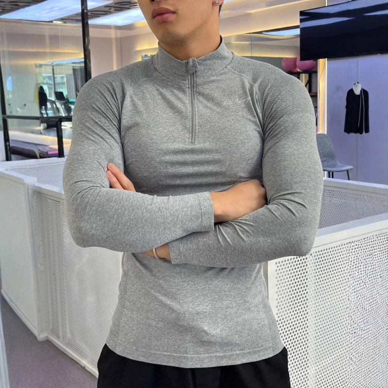 Férfi slim-fit seamless jacquard félzipzáras hosszú ujjú sportos edzőpóló, gyorsan száradó