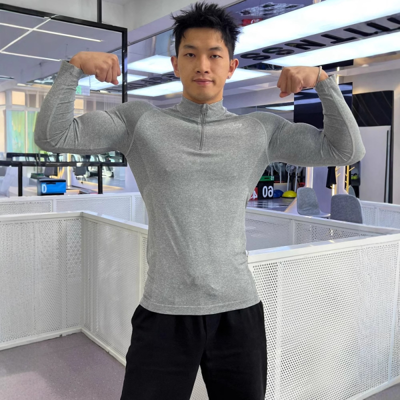 Férfi slim-fit seamless jacquard félzipzáras hosszú ujjú sportos edzőpóló, gyorsan száradó