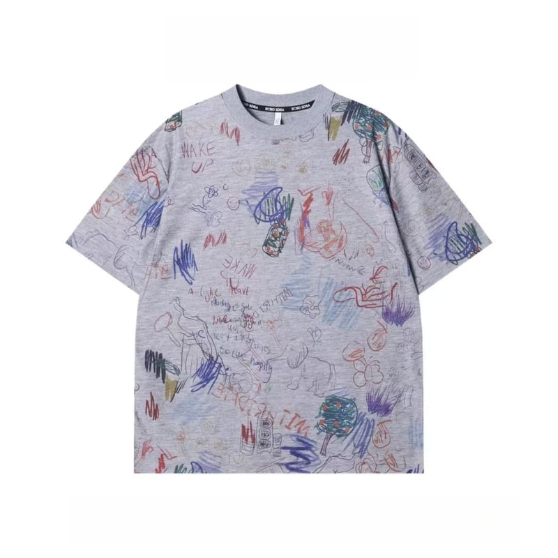 Muški T-shirt s graffiti printom, pamuk, okrugli izrez, kratki rukavi, ležerni kroj, korejski stil, ljeto