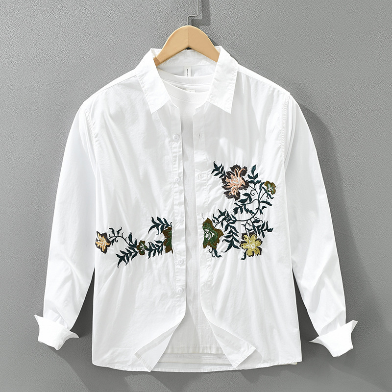 7823 Cămașă cu mâneci lungi în stil japonez, broderie grea, pentru bărbați, modernă, versatilă, artistică, croială lejeră