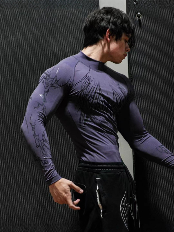Breathedivinity Muška uska majica s dugim rukavima za trening, slim fit – brzo suši, prozračna, geometrijski uzorak