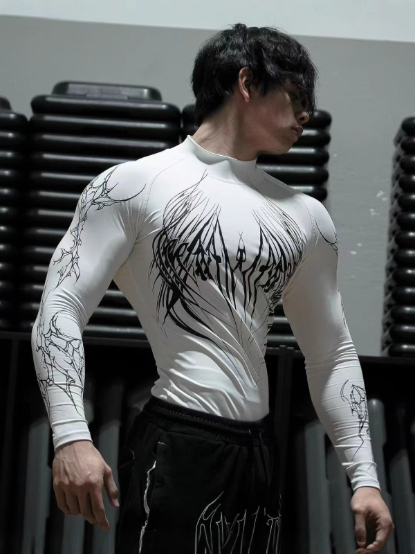Breathedivinity Muška uska majica s dugim rukavima za trening, slim fit – brzo suši, prozračna, geometrijski uzorak
