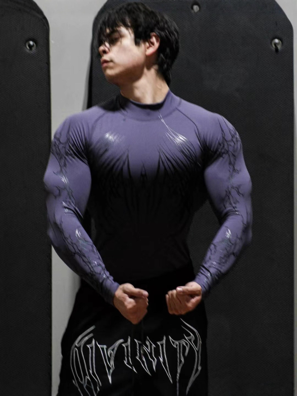 Breathedivinity Muška uska majica s dugim rukavima za trening, slim fit – brzo suši, prozračna, geometrijski uzorak