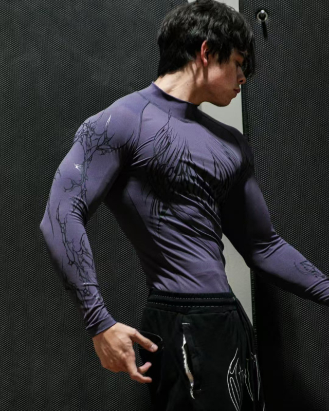 Breathedivinity Muška uska majica s dugim rukavima za trening, slim fit – brzo suši, prozračna, geometrijski uzorak