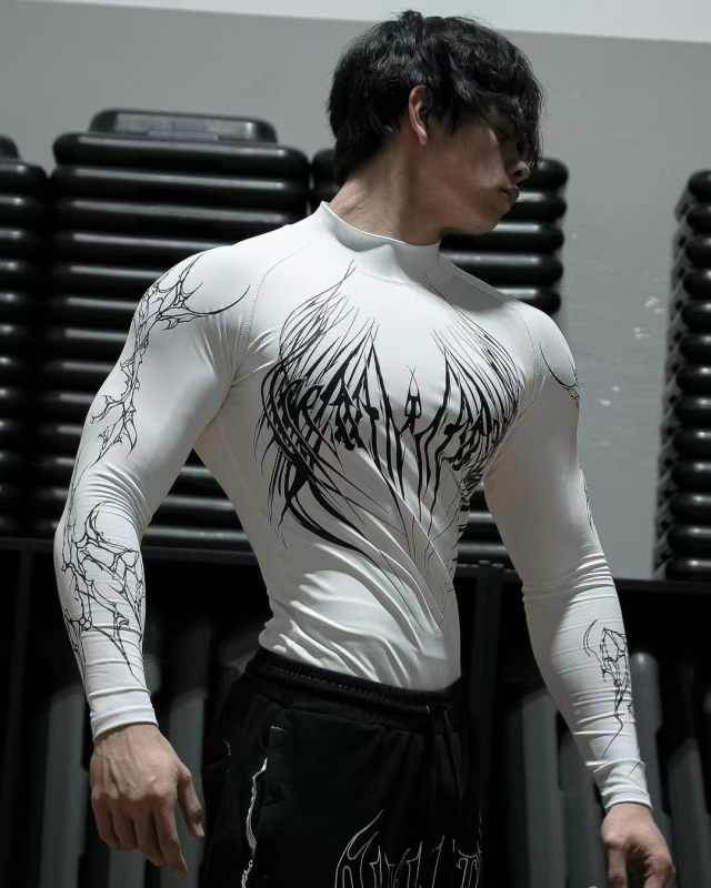 Breathedivinity Muška uska majica s dugim rukavima za trening, slim fit – brzo suši, prozračna, geometrijski uzorak