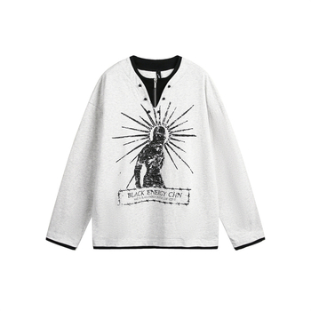 Tricou de bărbați cu mânecă lungă, în stil american retro, cu fermoar și imprimeu, croială lejeră
