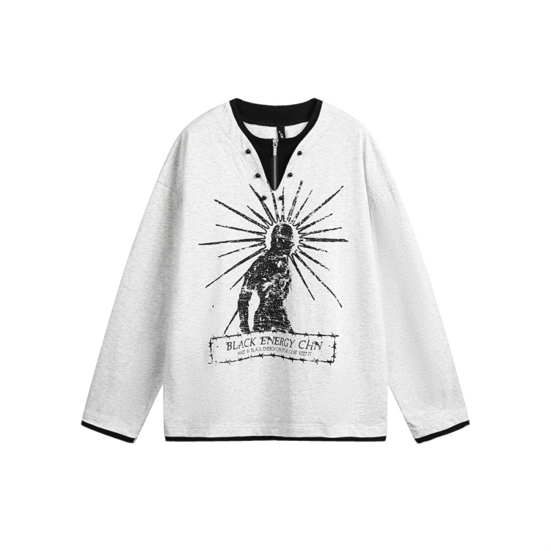 Tricou de bărbați cu mânecă lungă, în stil american retro, cu fermoar și imprimeu, croială lejeră