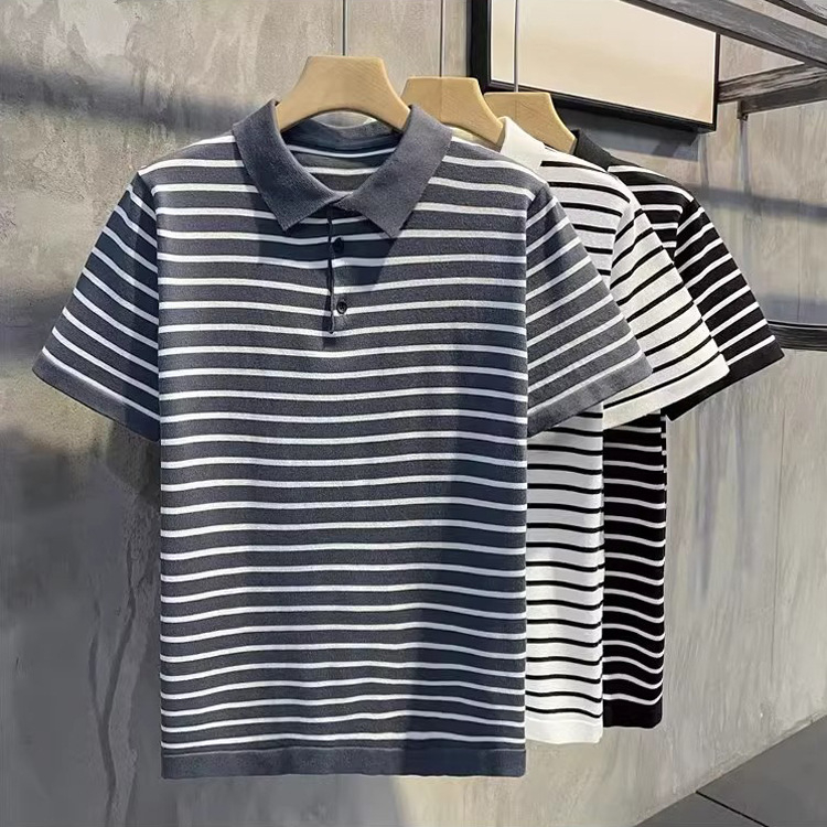 Nyári csíkos férfi polo rövid ujjú, üzleti stílusú, slim fit, lélegző nedvességelvezető anyag
