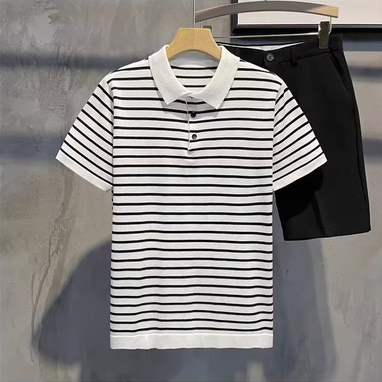 Nyári csíkos férfi polo rövid ujjú, üzleti stílusú, slim fit, lélegző nedvességelvezető anyag