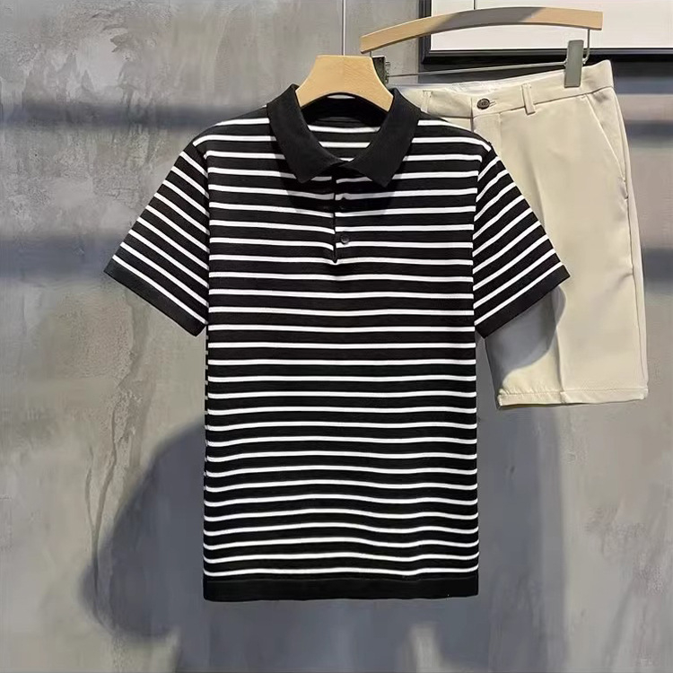 Nyári csíkos férfi polo rövid ujjú, üzleti stílusú, slim fit, lélegző nedvességelvezető anyag