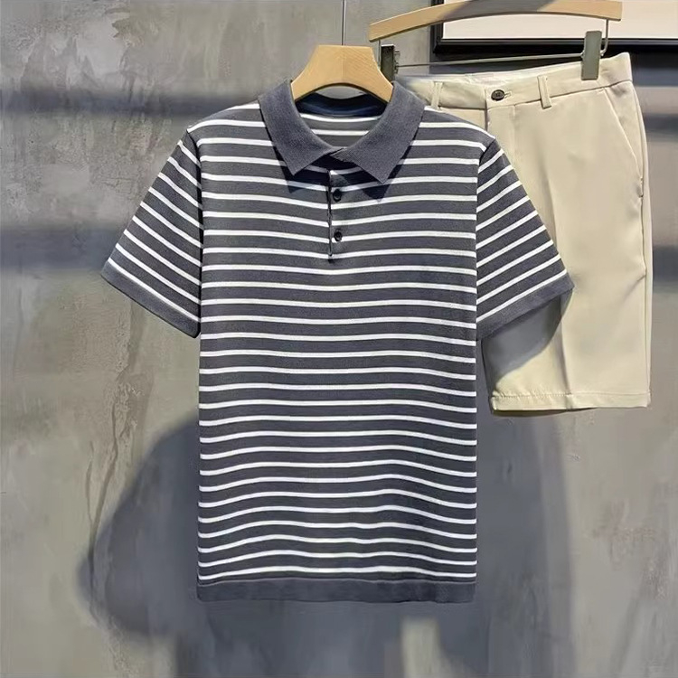 Nyári csíkos férfi polo rövid ujjú, üzleti stílusú, slim fit, lélegző nedvességelvezető anyag