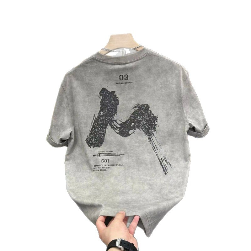 Tricou bărbătesc cu tie-dye, stil american retro, mâneci scurte, guler rotund, casual de vară