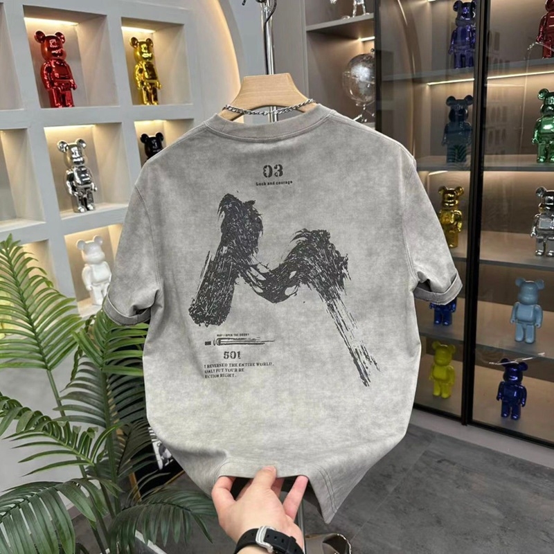 Tricou bărbătesc cu tie-dye, stil american retro, mâneci scurte, guler rotund, casual de vară