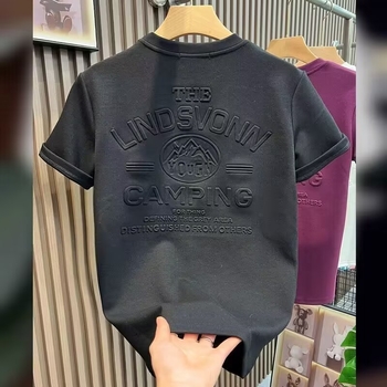 Tricou bărbați cu mânecă scurtă, guler rotund, imprimeu geometric în relief, culoare solidă, croi lejer, stil coreean, vară, bumbac