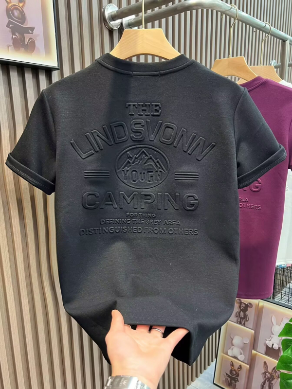 Tricou bărbați cu mânecă scurtă, guler rotund, imprimeu geometric în relief, culoare solidă, croi lejer, stil coreean, vară, bumbac