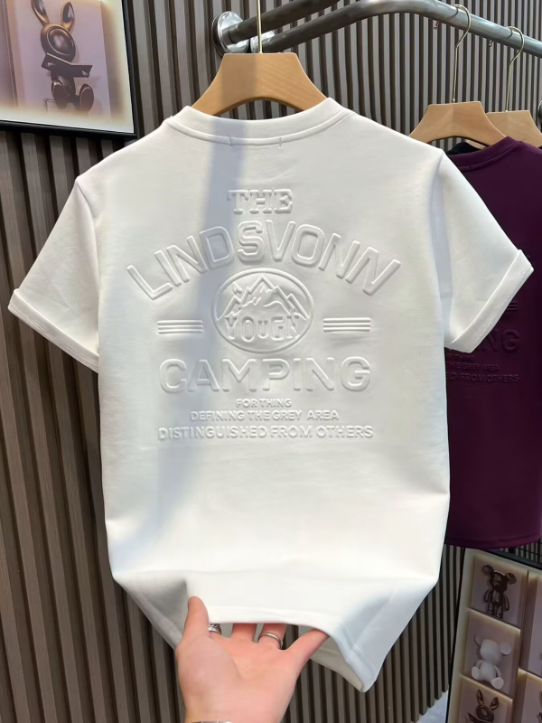 Tricou bărbați cu mânecă scurtă, guler rotund, imprimeu geometric în relief, culoare solidă, croi lejer, stil coreean, vară, bumbac