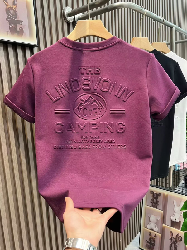 Tricou bărbați cu mânecă scurtă, guler rotund, imprimeu geometric în relief, culoare solidă, croi lejer, stil coreean, vară, bumbac
